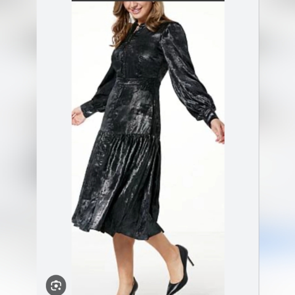 Women's Black Satin-Effect Midi Dress with Long Bishop Sleeves